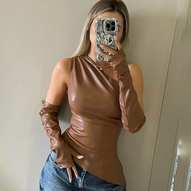 Faux Leather Vest Women Clothing Street Hipster Sleeveless Diagonal Collar plus Oversleeve Top Women