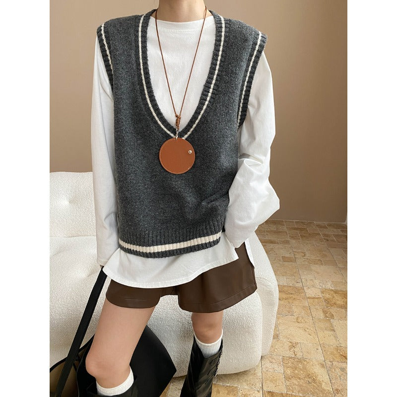 Artistic Retro Color Contrasting Stripe Large V neck Loose Knit Waistcoat Vest