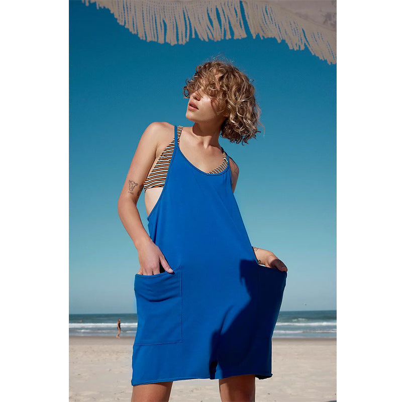 Women Clothing Summer Casual Pocket Spaghetti Straps Knitted Shorts Jumpsuit Suspender Pants Women