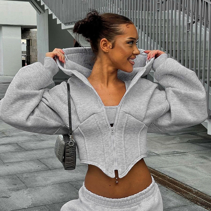 Women Autumn Winter Casual Zipper Long Sleeve Hooded Cardigan Cropped Coat Top
