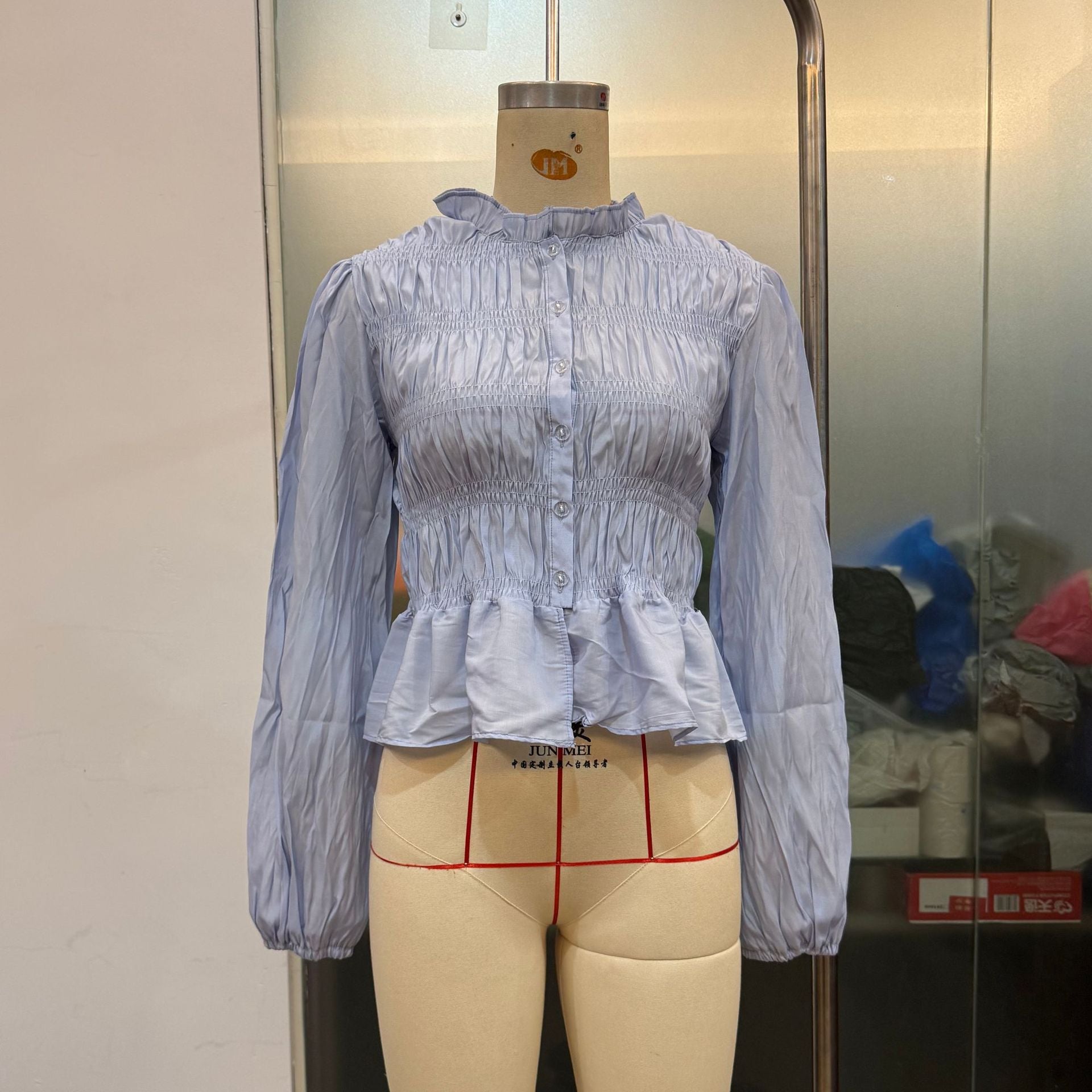 Women Solid Color Casual Button Slim Fit Cardigan Shirt Puff Sleeve Top