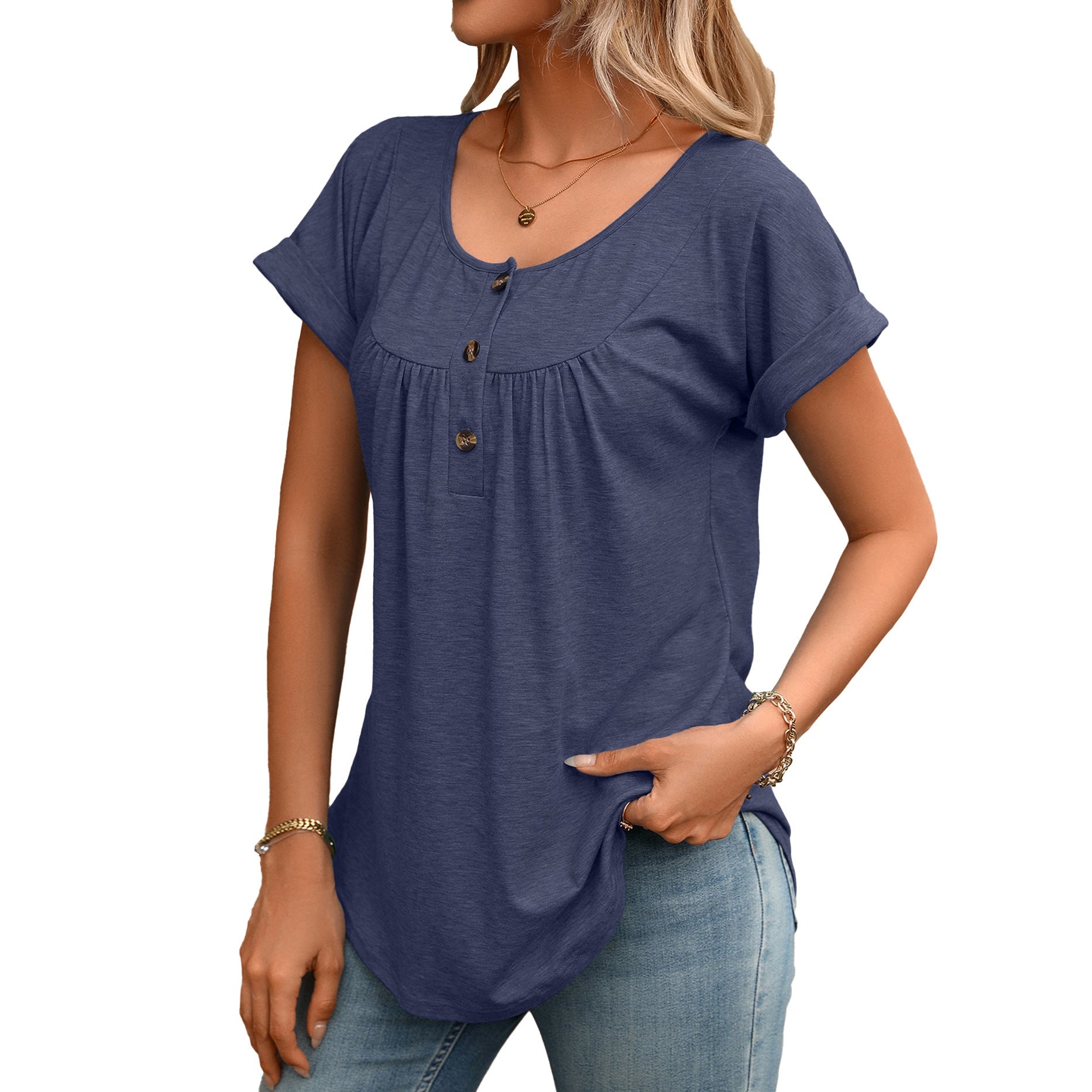 Summer Solid Color round Neck Button Loose Short Sleeve T shirt Top Women