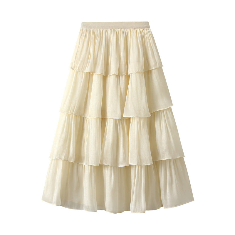 Spring Summer Fresh Casual All-Match Flow Glossy Fabric Tiered Dress Mid Length Skirt Women