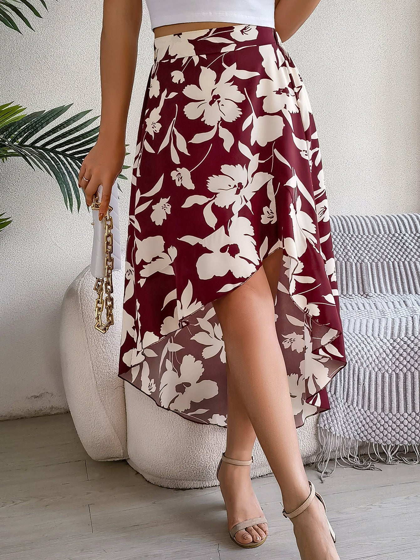 Women Clothing Spring Summer Elegant Floral Ruffled Mid Length Irregular Asymmetric Skirt