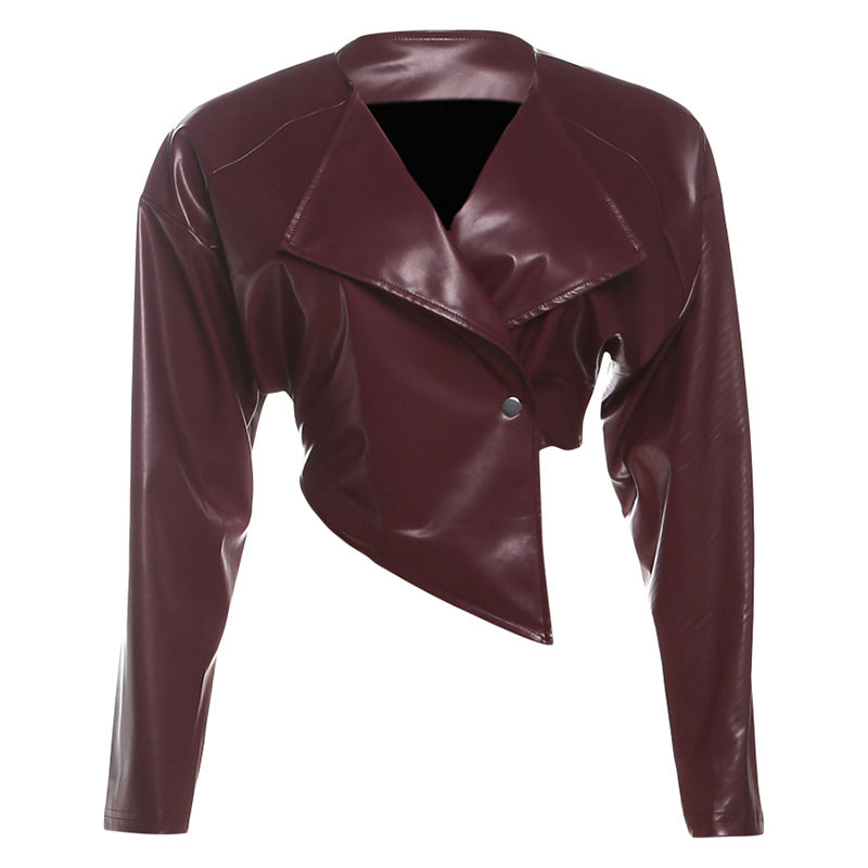 Summer Women Clothing Personality Waist Controlled Cropped Faux Leather Solid Color Casual Coat Women