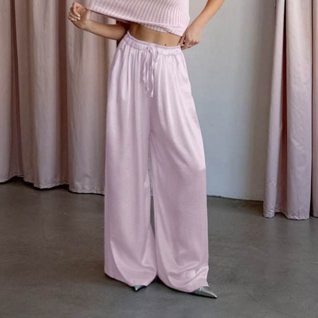 Women Solid Color Satin Imitation Acetate Trousers Women Commuting Elegant High Grade Casual Loose Wide Leg Pants