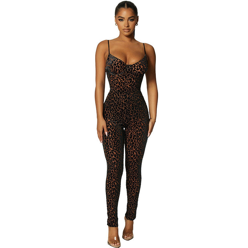 Summer Women Sexy Low Cut Sling Flocking Skinny Sheath Jumpsuit Women