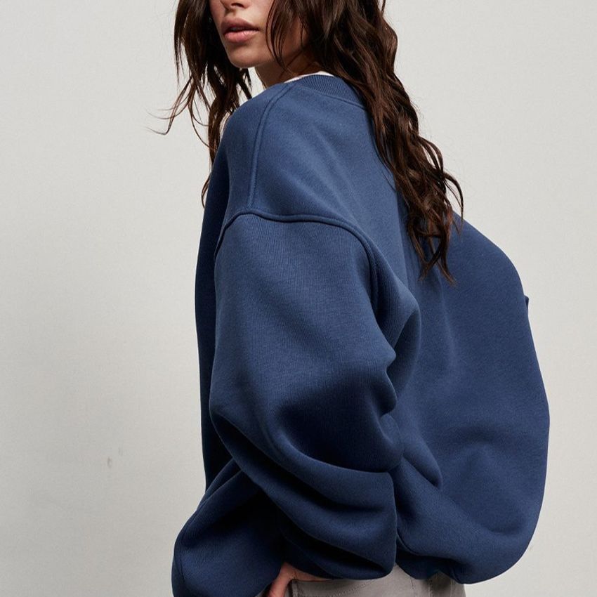 Round Neck Loose Sweatshirt Women Autumn Winter Street Solid Color Polar Fleece Pullover Sweatshirt