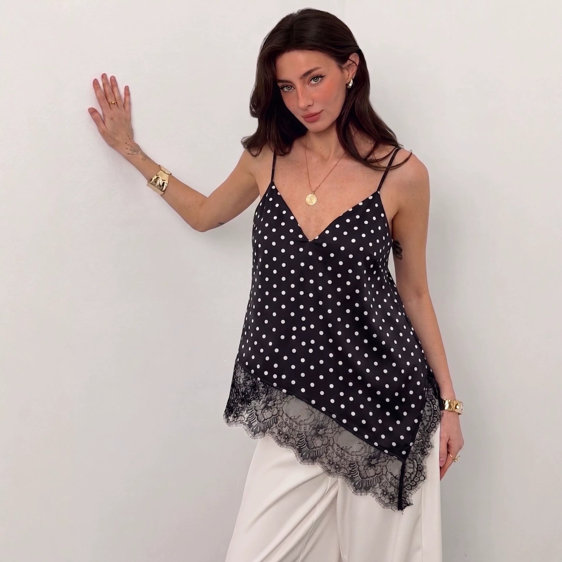 V neck Irregular Asymmetric Lace Patchwork Top Loose Camisole
