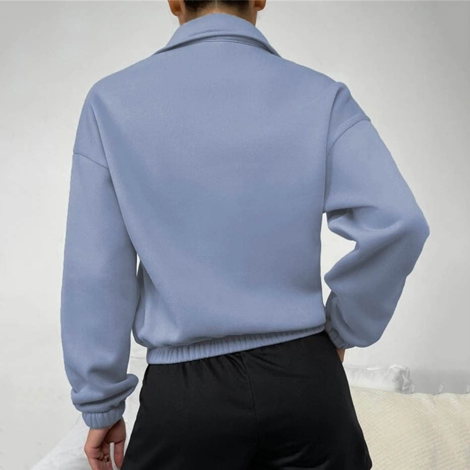 Autumn Women Clothing Loose Zip Collar Long Sleeve Sweatshirt Tops