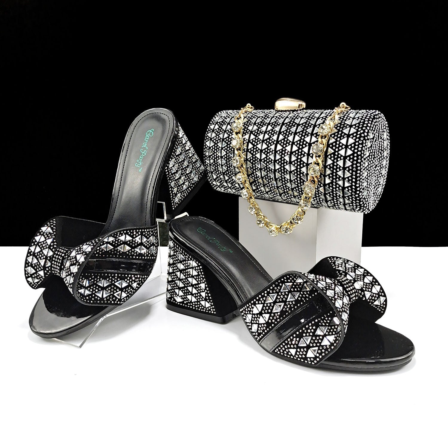 Women Shoes Bags Two Piece Sets Summer Mouth High Heel Slippers Color Matching Rhinestone Embellished Cylindrical Bag Casual
