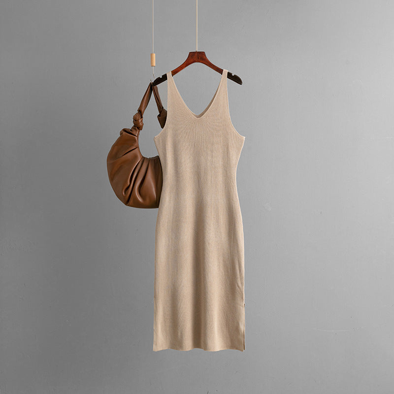 Women Clothing Summer Thin with Shoulder Straps Dress V neck Sleeveless Vest Dress Slit Hemline at Hem Underwear Knitted Dress