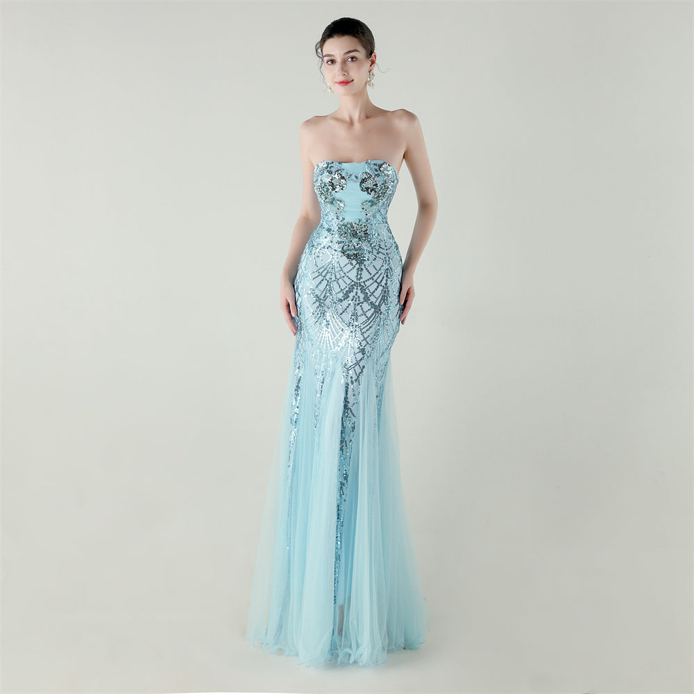 Tube Top Cross Strap Beaded Tube Floral Sequin Mesh Evening Dress Cocktail Wedding Social Elegant Clothing