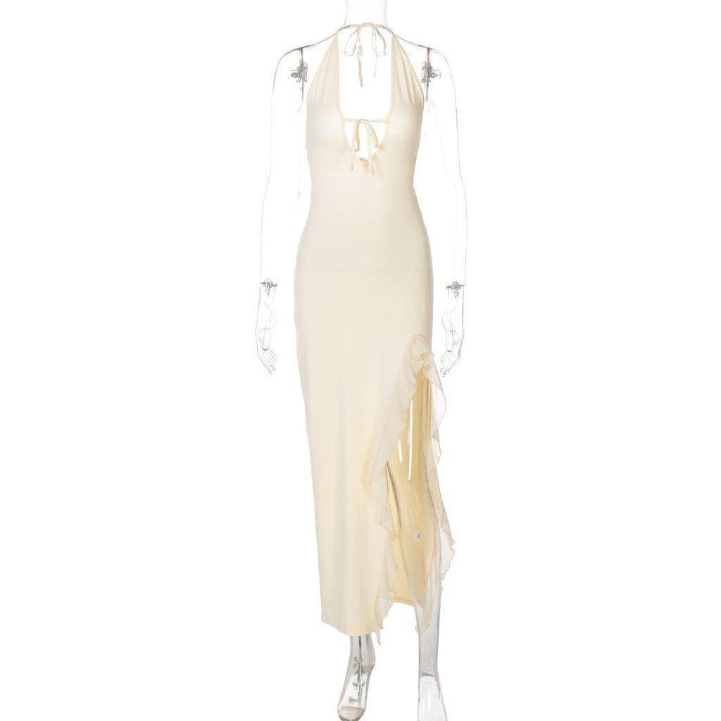 Women Clothing Winter Ruffled Sexy V neck Lace up Backless Dress