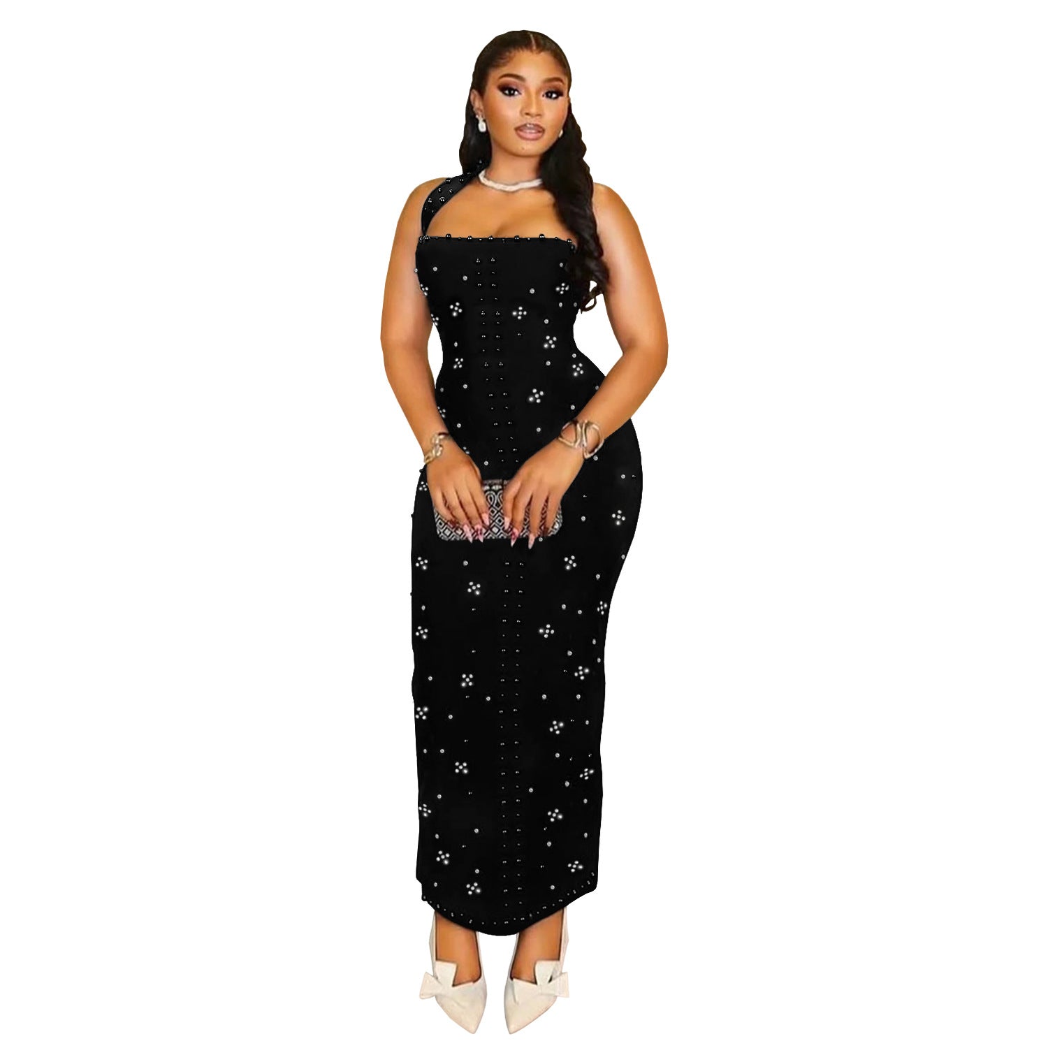 Women Wear Halter Rhinestone Foam Beads Slim Fit Sheath Dress