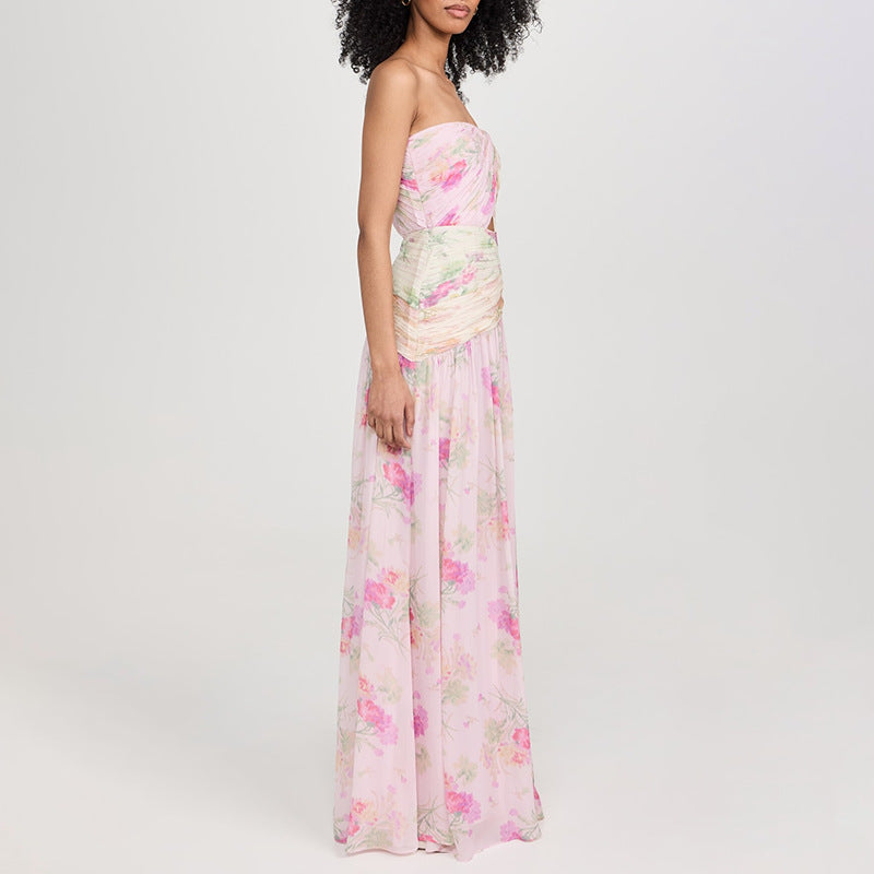 Vacation Sexy Fairy Wrapped Chest Silk Elegant Floral Maxi Dress Summer Beach Dress