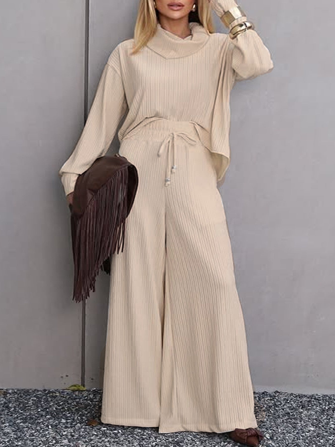 Women Clothing Casual Turtleneck Long Sleeve Loose Fitting Wide Leg Trousers Casual Two Piece Sets Autumn Winter