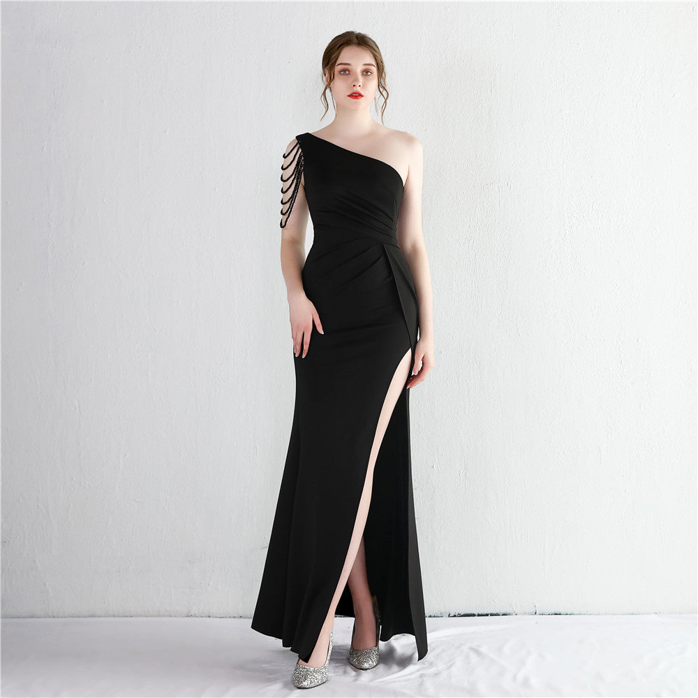 Satin Beaded Long One Shoulder Debutante Gala Dinner Slim Fit Fishtail Dress Wedding Car Model Exhibition Dress