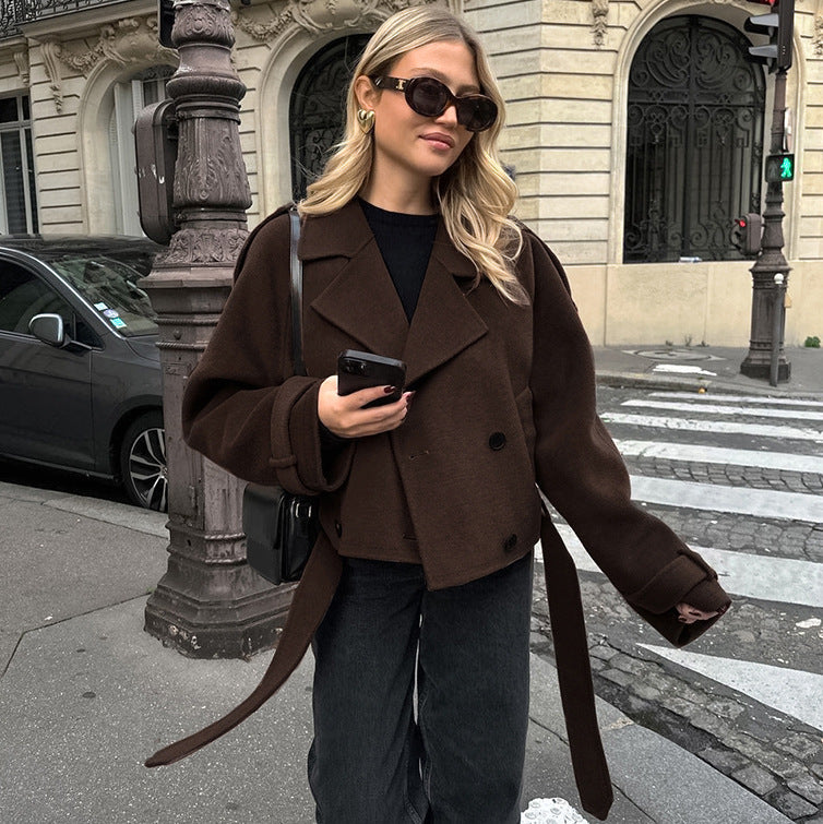 Autumn Winter Collared Elegant Double Breasted Woolen Coat Office Coat Women