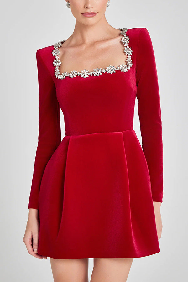 Women Spring Clothing Elegant Square Collar Diamond Inlaid Short Velvet Dress