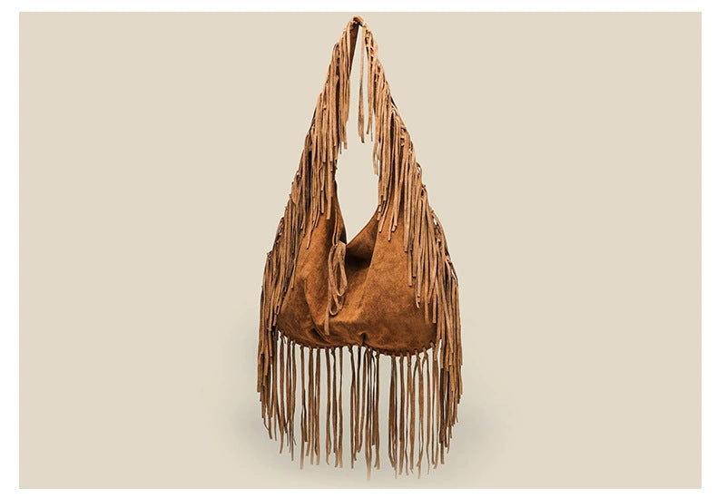 Tassel Large Capacity Tote Crescent Trendy One Shoulder Women Bag Casual Simple Crossbody Suede Retro Dumpling Bag