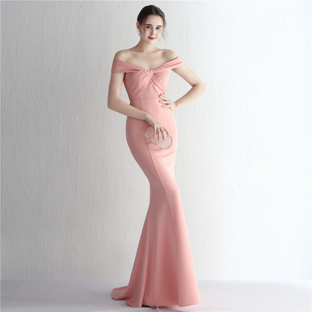 Satin Slim off Shoulder Long Debutante Gala Dinner Slimming Fishtail Wedding Car Model Show Dress
