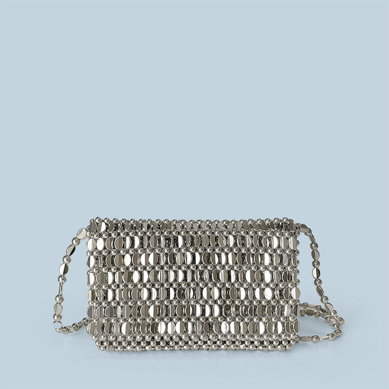 Summer Blingbling Retro Silver Hollow Out Cutout Design Handmade Beaded Flip Phone Bag Bright