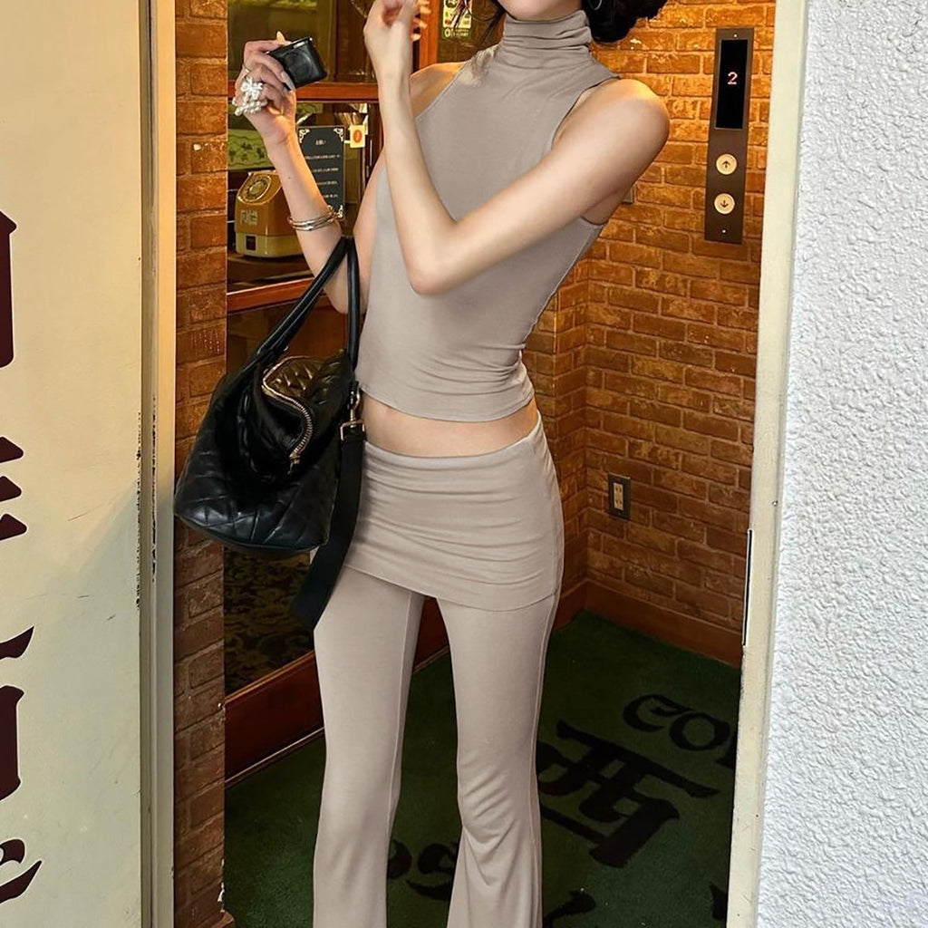 Women Clothing Summer Personalized Sleeveless Top Slim Fit High Waist Flared Pants Set