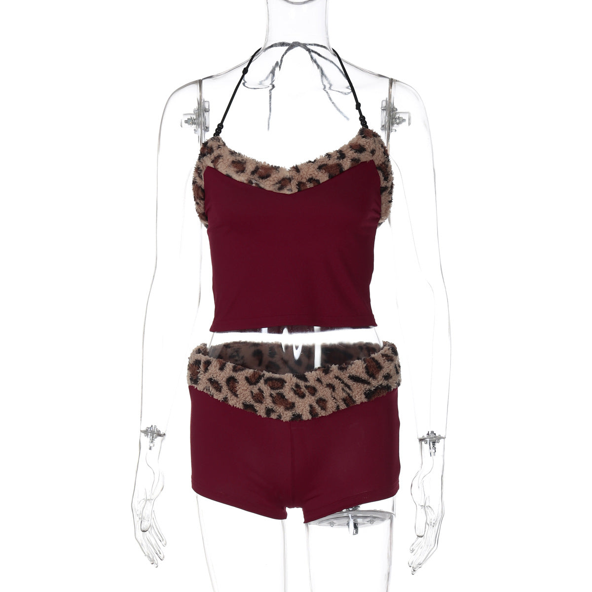 Women Clothing Summer Leopard Splicing Lace up Vest Slim Shorts Casual Set