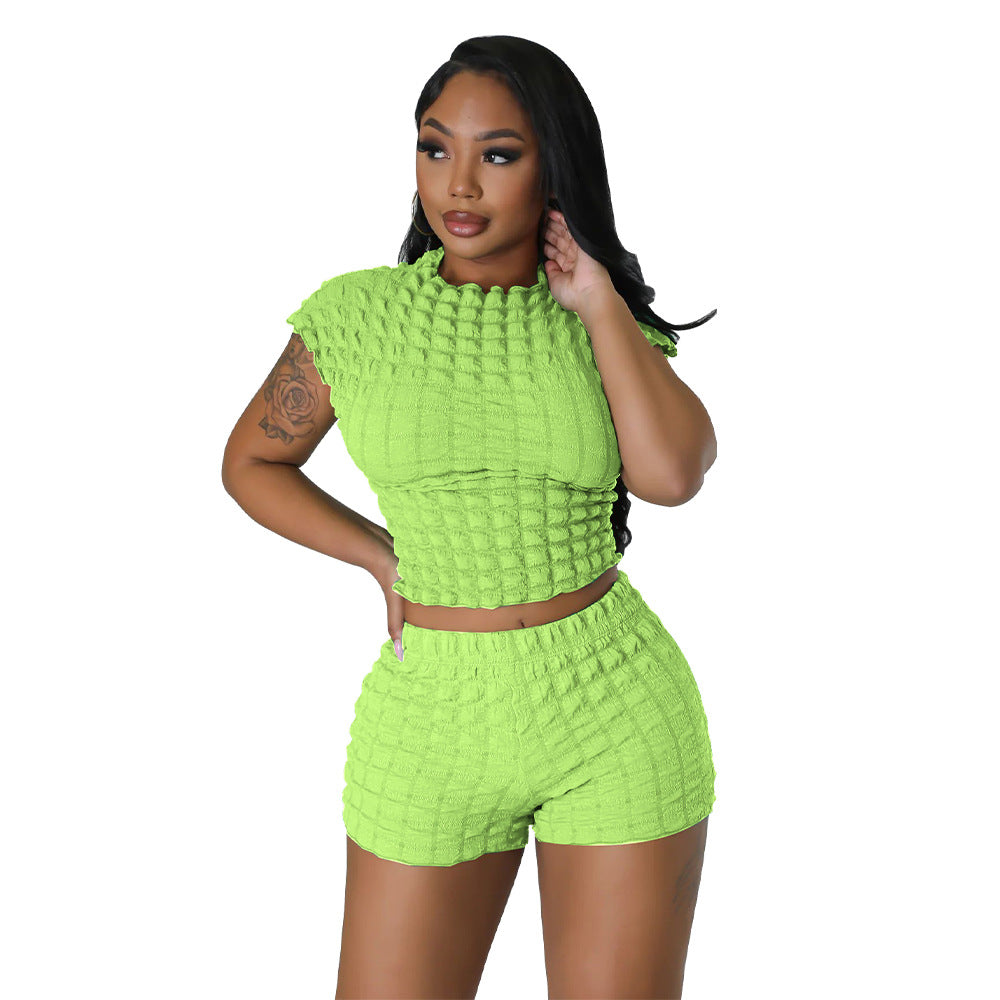 Women Clothing Popular Sleeveless Cropped Shorts Popcorn Bubble Two Piece Set