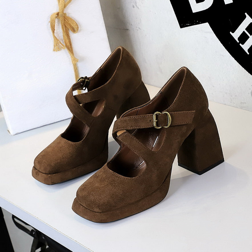 Retro Women Shoes Chunky Heel High Heel Waterproof Platform Low Cut Square Toe Cross Suede Leopard Print Pumps