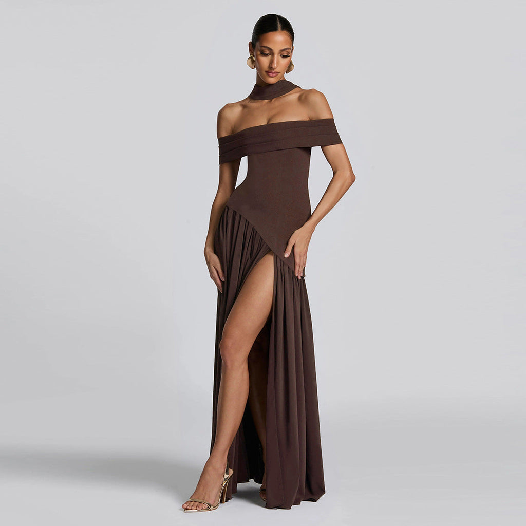 Autumn Women Clothing Sexy Backless Slim Fit Solid Color Scarf Collar Split off Shoulder Dress