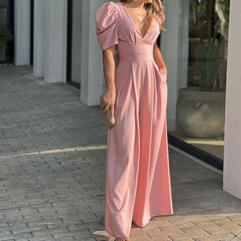 Women Clothing Short Sleeve Elegant Wide Legs Jumpsuit