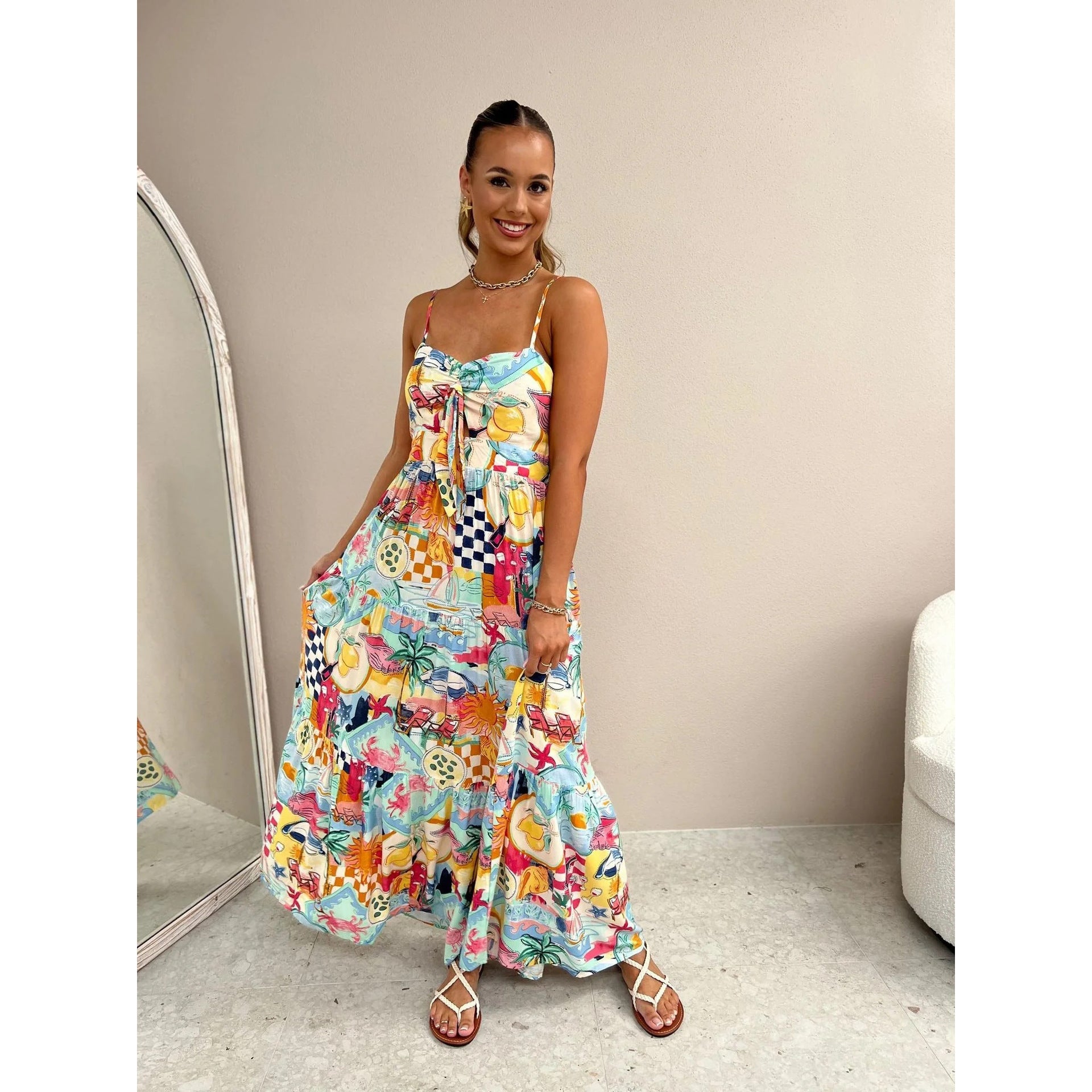 Spring Summer Suspender Printing Dress Loose Vacation Casual Rubber Band Dress