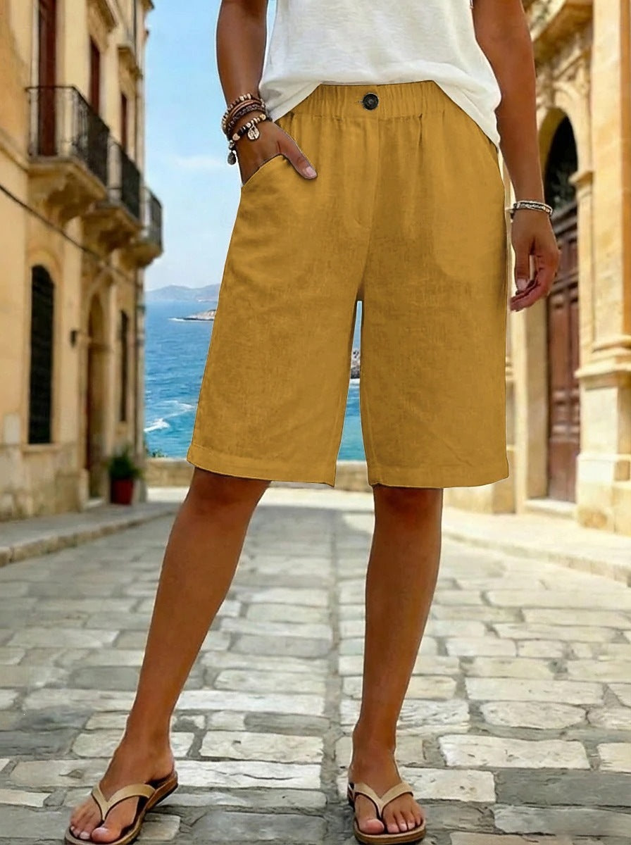 Women Faux Cotton Linen Shorts Summer Casual Everyday Mid Rise Solid Color Shorts