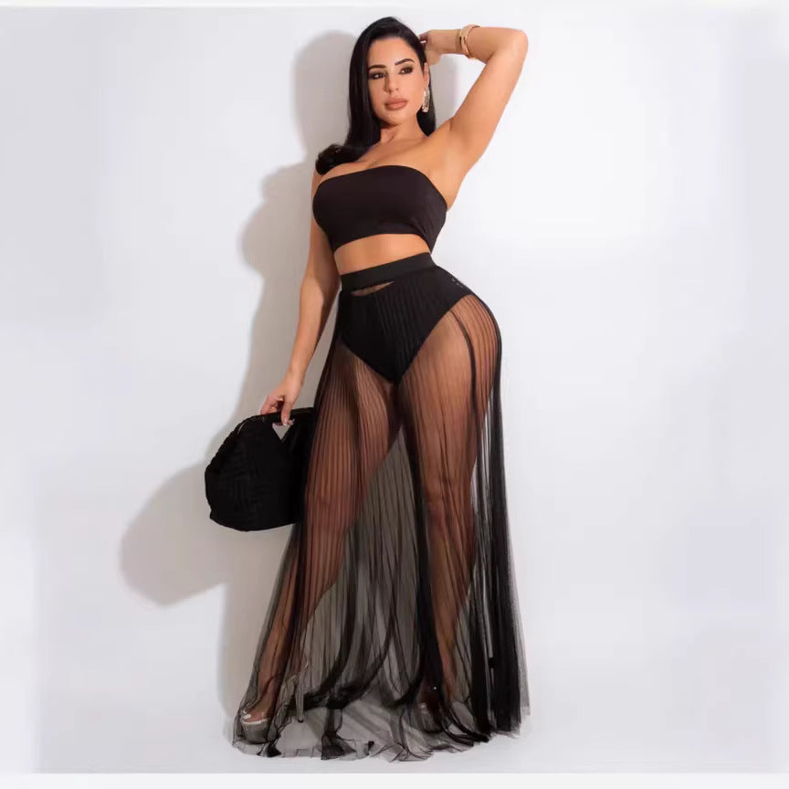 Sexy Mesh Pleating Long Skirt Wrapped Chest Pad Removable Swimsuit Fabric Three Piece Sets
