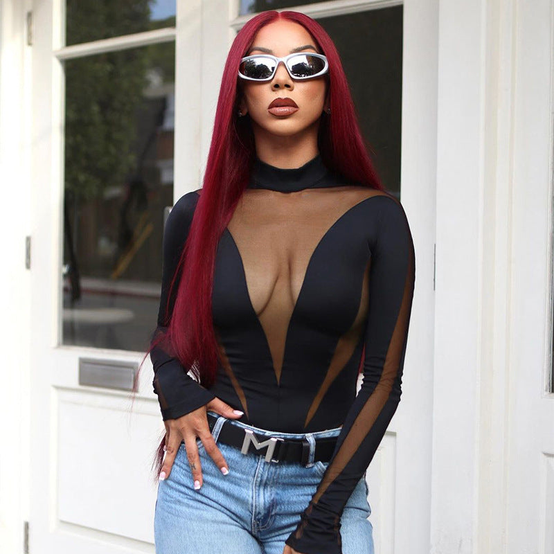 Summer Women Clothing Sexy Casual Mesh Stitching High Waist Long Sleeves Tight Jumpsuit