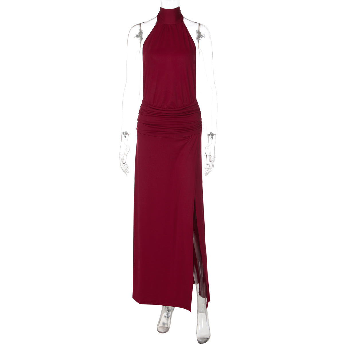 Women Clothing Summer Solid Color Tied Halter Dress Sexy Backless Slit Slim Dress