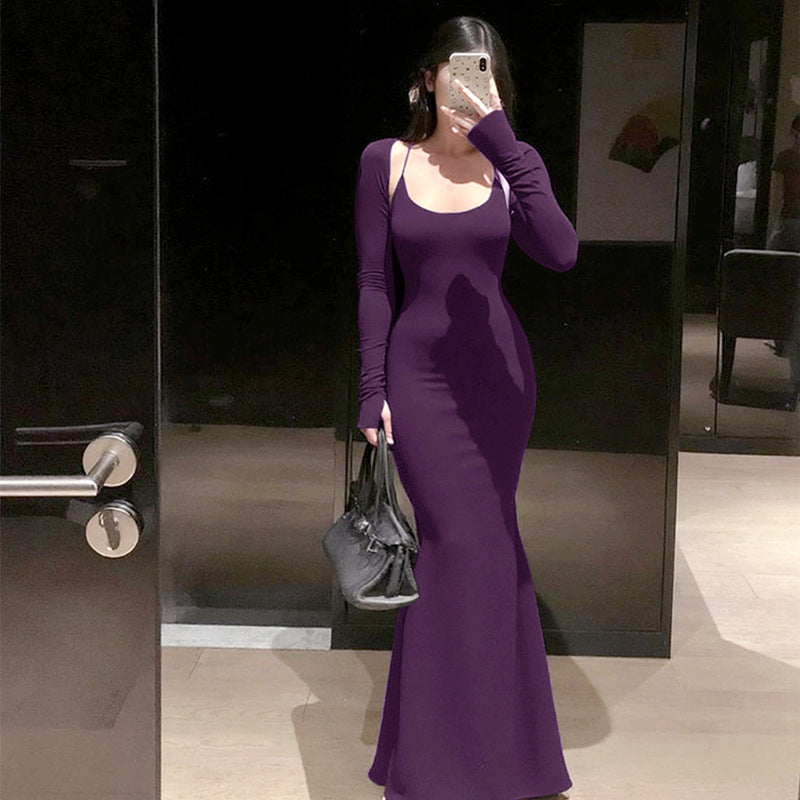 Women Clothing Autumn Sexy U Neck Sling Backless Dress Long Sleeve Waistcoat