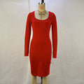 Women Clothing Autumn Winter Square Collar Long Sleeve Solid Color Waist Tight Slimming Sheath Dress