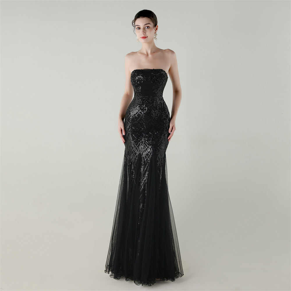 Tube Top Cross Strap Beaded Tube Floral Sequin Mesh Evening Dress Cocktail Wedding Social Elegant Clothing