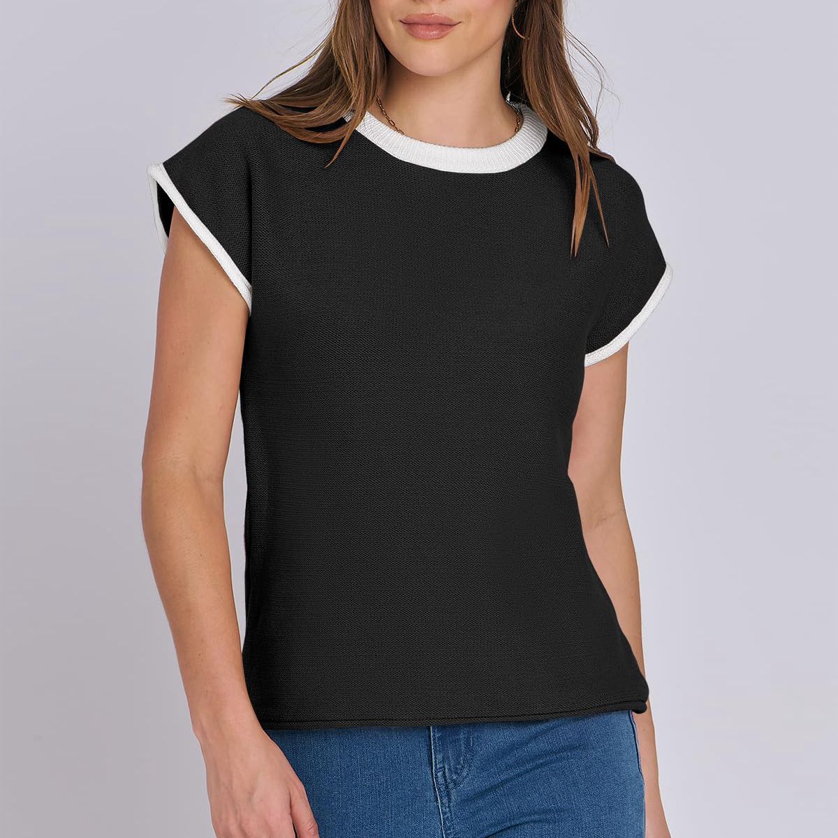 Women Clothing Summer round Neck Knitted Top Casual Striped Contrast Color Sweater