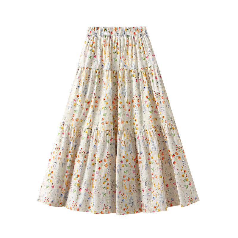 Sweet Floral Skirt Women Summer Series A line Elastic Waist Mid Length Big Hem Umbrella Skirt
