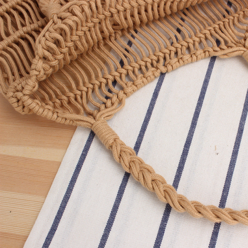 One-Shoulder Portable Cotton Rope Net Pocket Hand-Woven Bag Trendy Women Mori Straw Bag Beach Bag