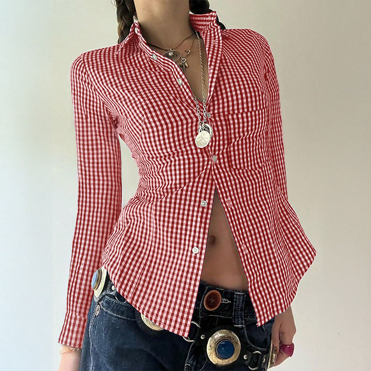 Women Clothing Autumn All Match Long Sleeved Button Top Shirt