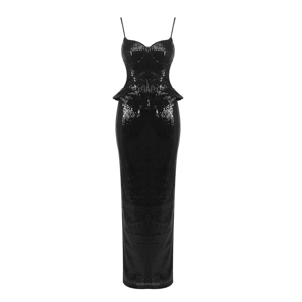 Women Sleeveless Sequin Sling Dress Women Backless Lace up Sexy Sheath Skirt Sets