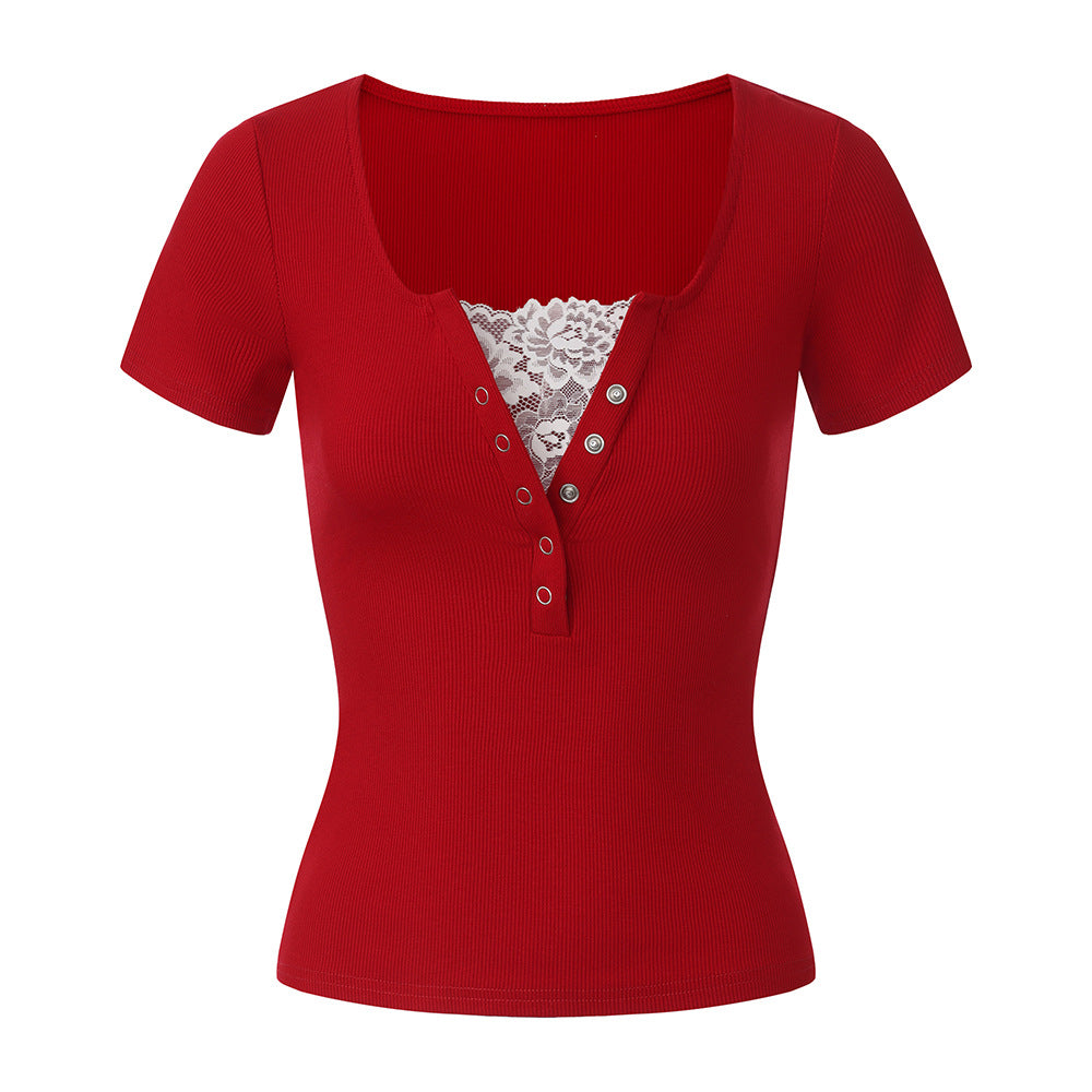 Summer Lace Stitching Sexy Solid Color Summer Short Sleeved T shirt Bottoming Shirt Women