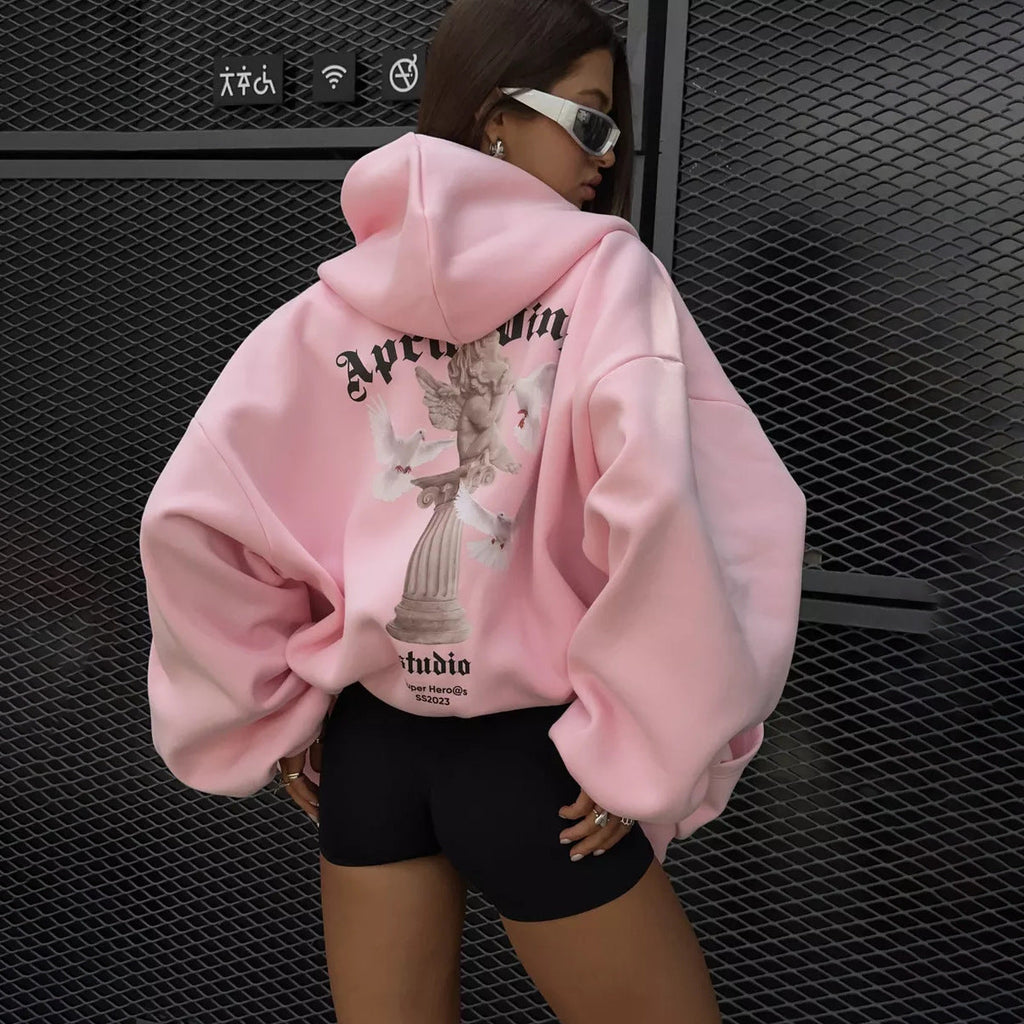 Loose Personality Trendy Sexy Casual Top Angel Print Hooded Zipper Sweatshirt for Women Spring Autumn