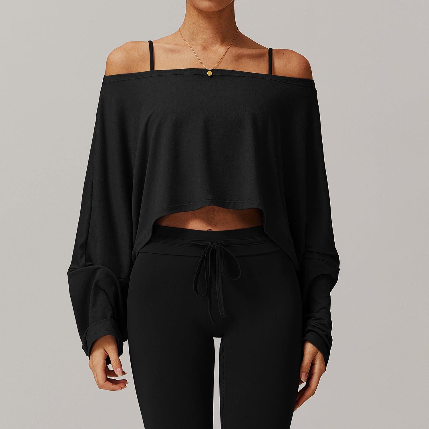 Sollinarry Fitness Sports Long-Sleeved Top Women off Shoulder Batwing Sleeve Outer Wear Casual Long Sleeves Yoga Clothes Blouse