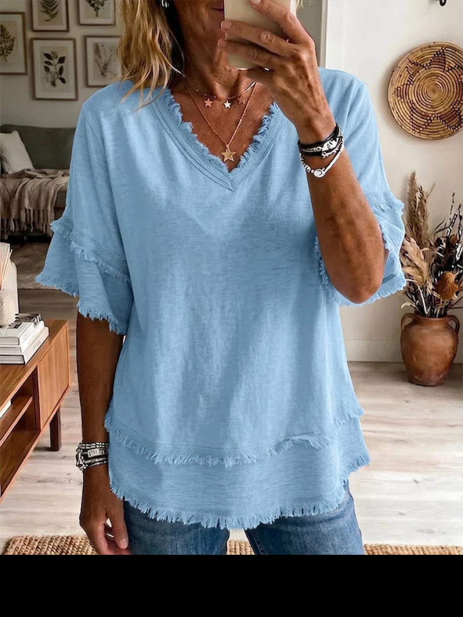 V neck Pullover Short Sleeve Loose Women Shirt Casual Women Tops